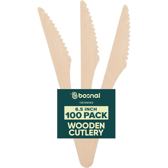 BOSNAL Wooden Disposable Knives - 100 pcs, Made from 100% Natural Mongolian Wood, BPA Free, Plastic Free, Biodegradable and Compostable, Eco Friendly Cutlery for Parties and Catering