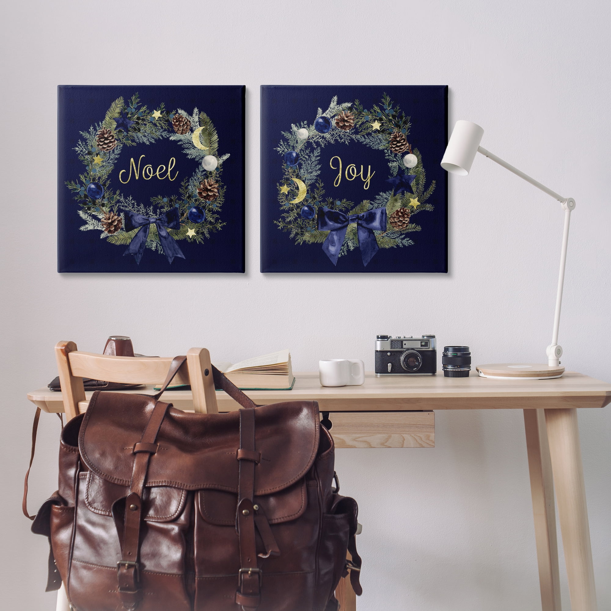Stupell Industries Noel Joy Balsam Wreath Pinecones Holiday Painting Gallery Wrapped Canvas Art Prints Wall Art, 24 x 24, Set of 2