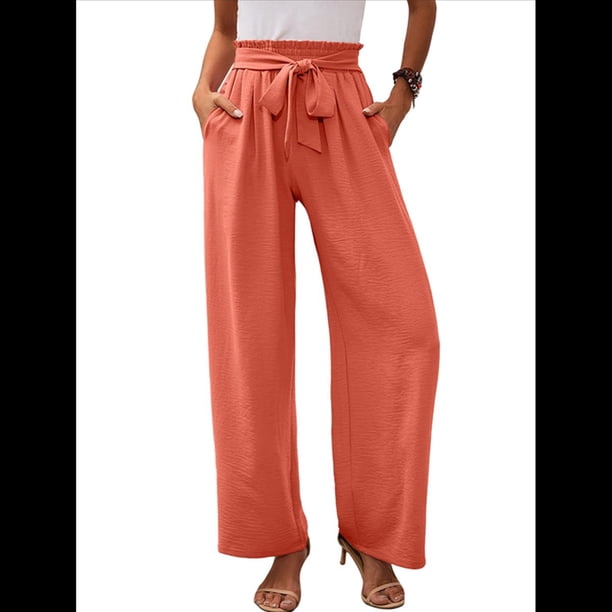 Pantalones de Salón Anchos para Mujer con Bolsillos, Cintura Alta, Ajustables, con Nudo y Holgados. Naranja M