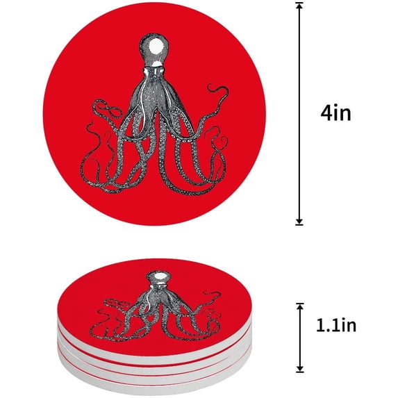 FMSHPON Octopus Set of 4 Round Coaster for Drinks, Absorbent Ceramic Stone Coasters Cup Mat with Cork Base for Home Kitchen Room Coffee Table Bar Decor