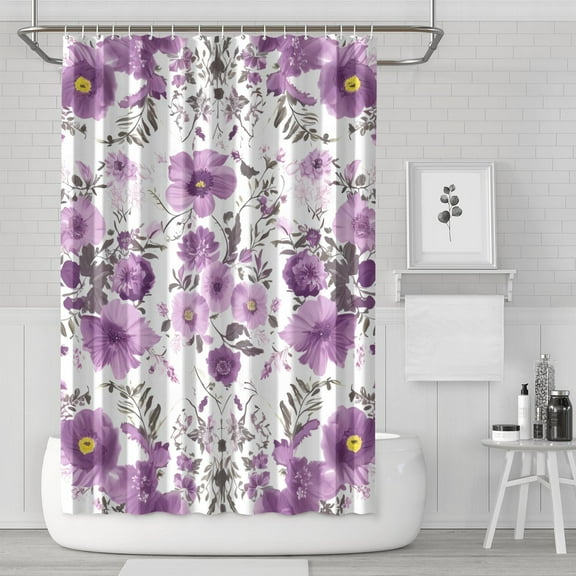 Waterproof Purple Floral Wildflower Farmhouse Shower Curtain 72x72 Inch Boho Style Polyester Unique Shower Curtain for Bathroom Hotel Home Decor with 12 Plastic Hooks