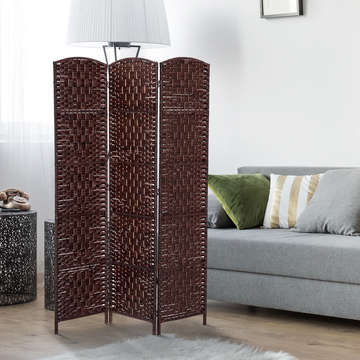 HomCom 6' Tall Wicker Weave 3 Panel Room Divider Privacy Screen - Chestnut Brown