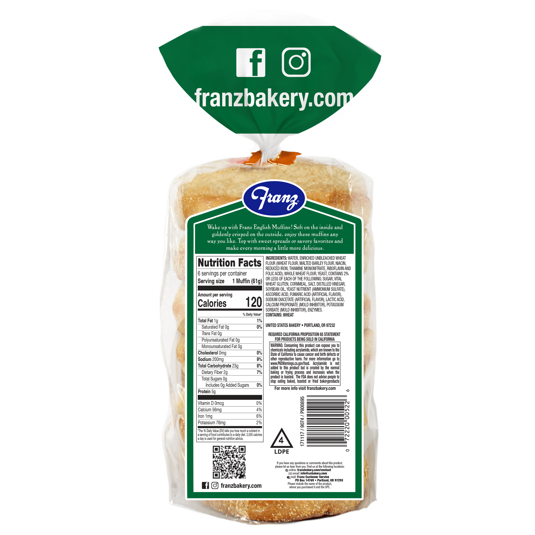 Franz Sour Whole Grain English Muffins, 13 oz, 6 Count