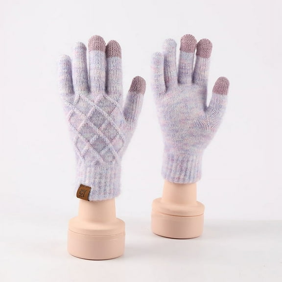 Adult Winter Warm Gloves Women Pineapple Flower Knitted Wool Touch Screen Gloves Outdoor Plus Velvet Cold-proof Five-finger Gloves Light Purple