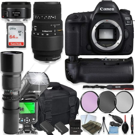 Canon EOS 5D Mark IV DSLR Camera with Sigma70-300mm Lensand 50mm Lens + 500mm Preset Telephoto Lens + 64GB Memory + Camera Case + 2 Batteries + Power Battery Grip + Professional Accessory Bundle
