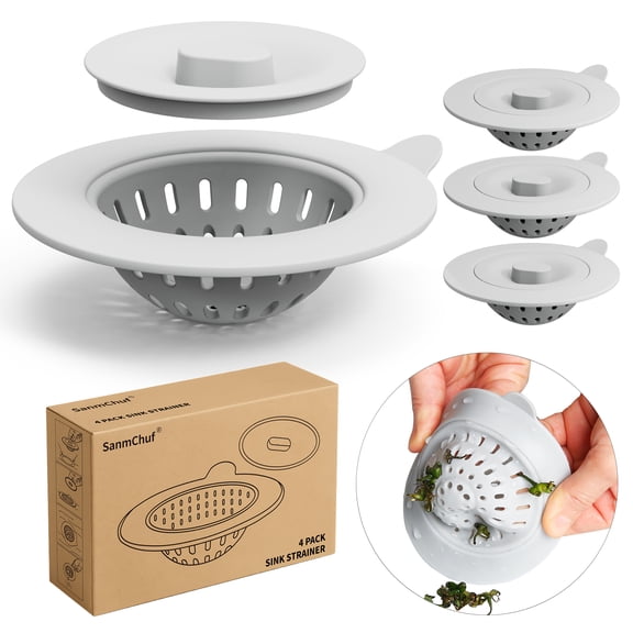 4 Pack Silicone Kitchen Sink Drain Catcher with Lid, 4.4" Top / 3" Mesh Basket, Grey Strainers for 3.1–3.9 Inch Openings, Anti-Clog Reusable Sink Stopper Covers, Odor-Proof & Easy to Clean