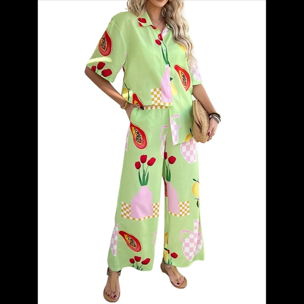 Conjunto de 2 Piezas de Chándal de Verano para Playa con Camisa de Corta y Botones para Mujer, Top Estampado, Pantalones Cortos de Descanso Flores de Frutas XL