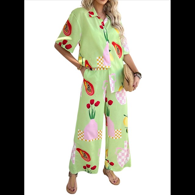 Conjunto de 2 Piezas de Chándal de Verano para Playa con Camisa de Corta y Botones para Mujer, Top Estampado, Pantalones Cortos de Descanso Flores de Frutas S