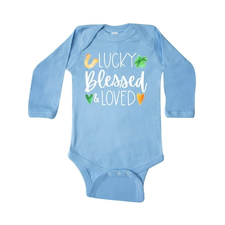 

Inktastic Lucky Blessed and Loved Horseshoe Clover Hearts Gift Baby Boy or Baby Girl Long Sleeve Bodysuit