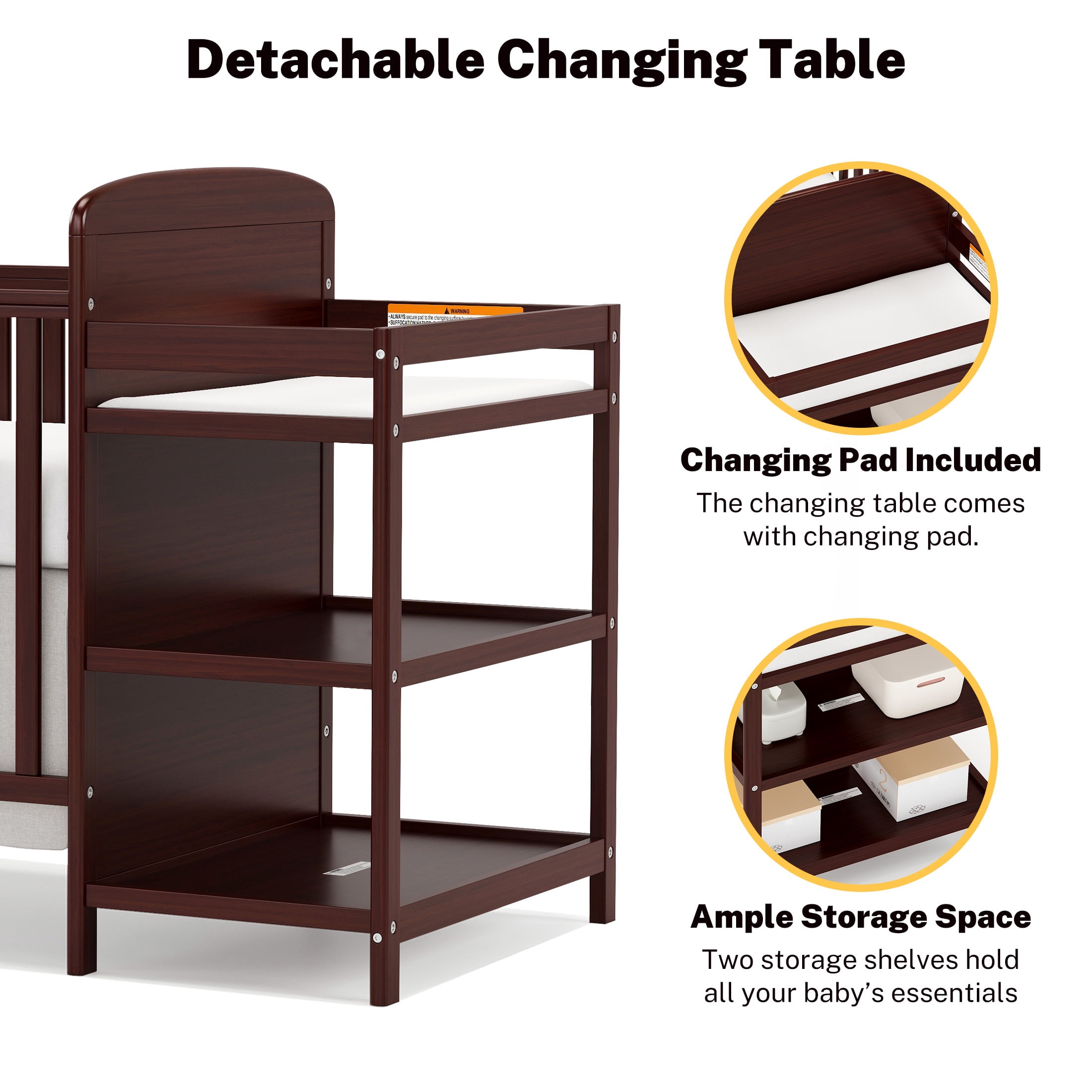 Conchico 3-In-1 Convertible Crib and Detachable Changer, New Zealand Pinewood Baby Crib, Toddler Daybed Bed with 3 Heights, Non-Toxic Finish, Easy to Assemble, Espresso