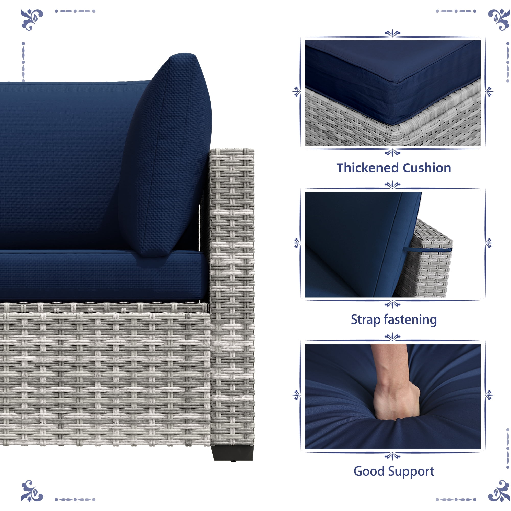 KIGOTY 7 Piece Outdoor Patio Furniture, Wicker Rattan Outdoor Conversation Set Sectional Sofas for Backyard, Garden, Gray-white Navy blue