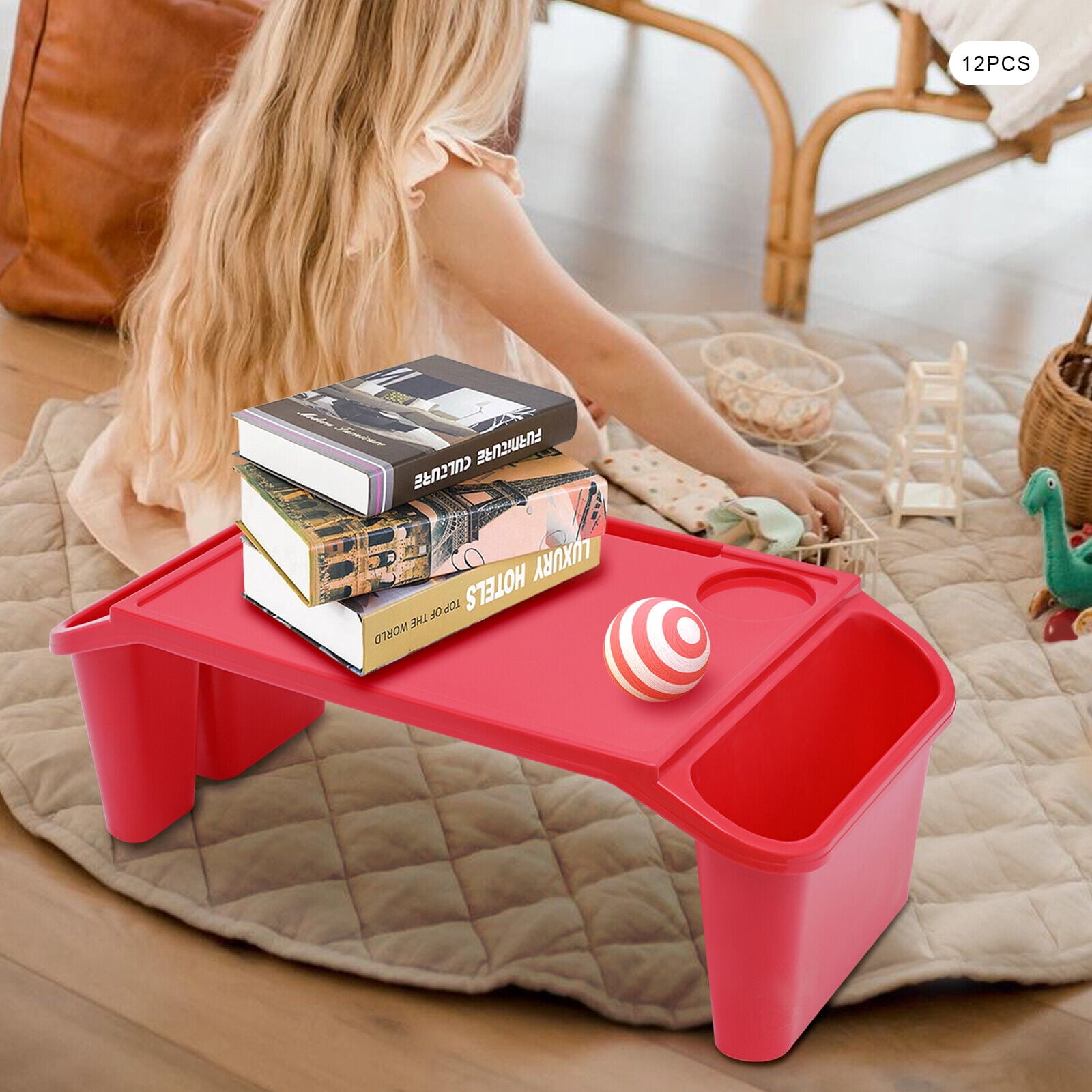 12Pcs Kids Lap Desk Tray Plastic Breakfast Laptop Trays Portable Activity Table Red