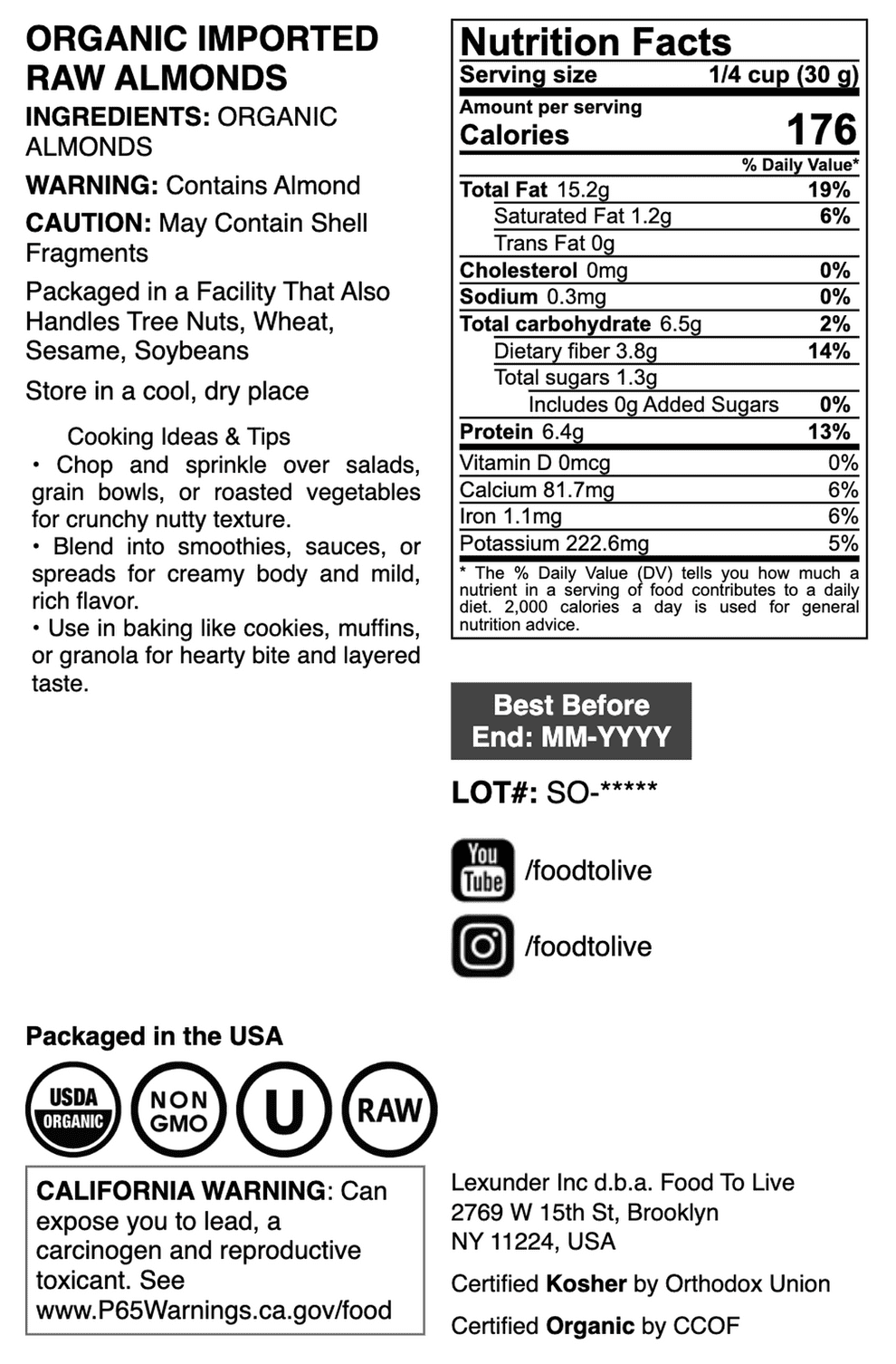 Organic Imported Raw Almonds, 2 Pounds - Non-GMO, Kosher, No Shell, Whole, Unpasteurized, Unsalted, Raw, Vegan - by Food to Live