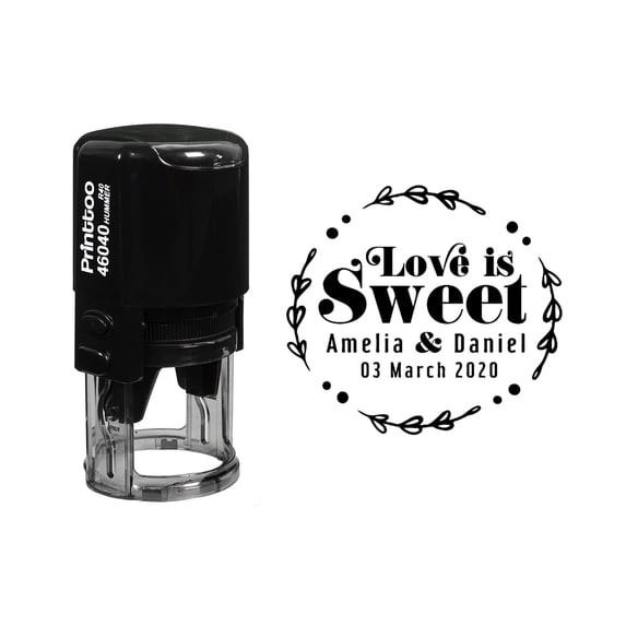Printtoo Roound Personalized Black Self Inking Wedding Favor Stamp Custom Love Is Sweet Rubber Stamper-40 mm