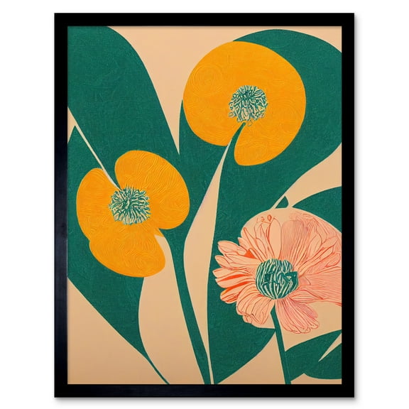 California Poppy Flower Blooms Turquoise Leaves Bright Art Print Framed Poster Wall Decor 12x16 inch