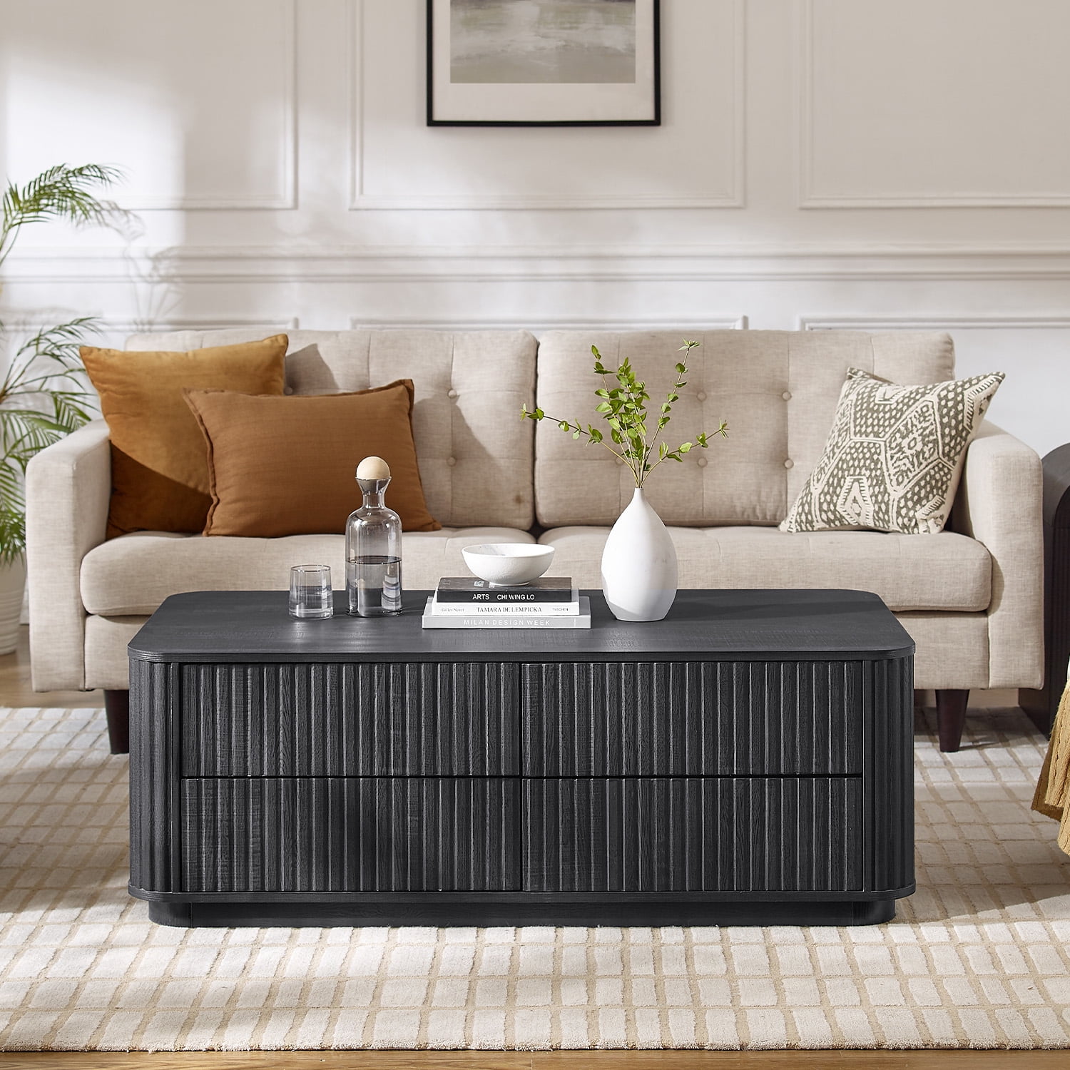 IFMUST 51" Modern Fluted Coffee Table with 4 Hidden Drawers, Curved Edges, for Living Room