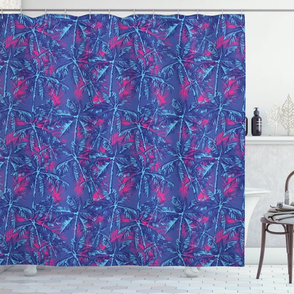 Vintage Palm Shower Curtain, Pattern of Exotic Trees Island Foliage Layout Lush Plantation, Fabric Bathroom Set with Hooks, 69W X 75L Inches Long, Blue Hot Pink and Aqua, by Ambesonne