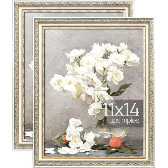 11x14 Picture Frame with Real Glass, Ornate Vintage 11 x 14 Photo Frames for Wall Decor or Tabletop Display, White and Gold, 2 Pack
