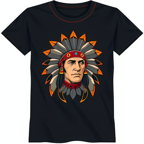 Black T-Shirt with Detailed Headdress Print Bold Design