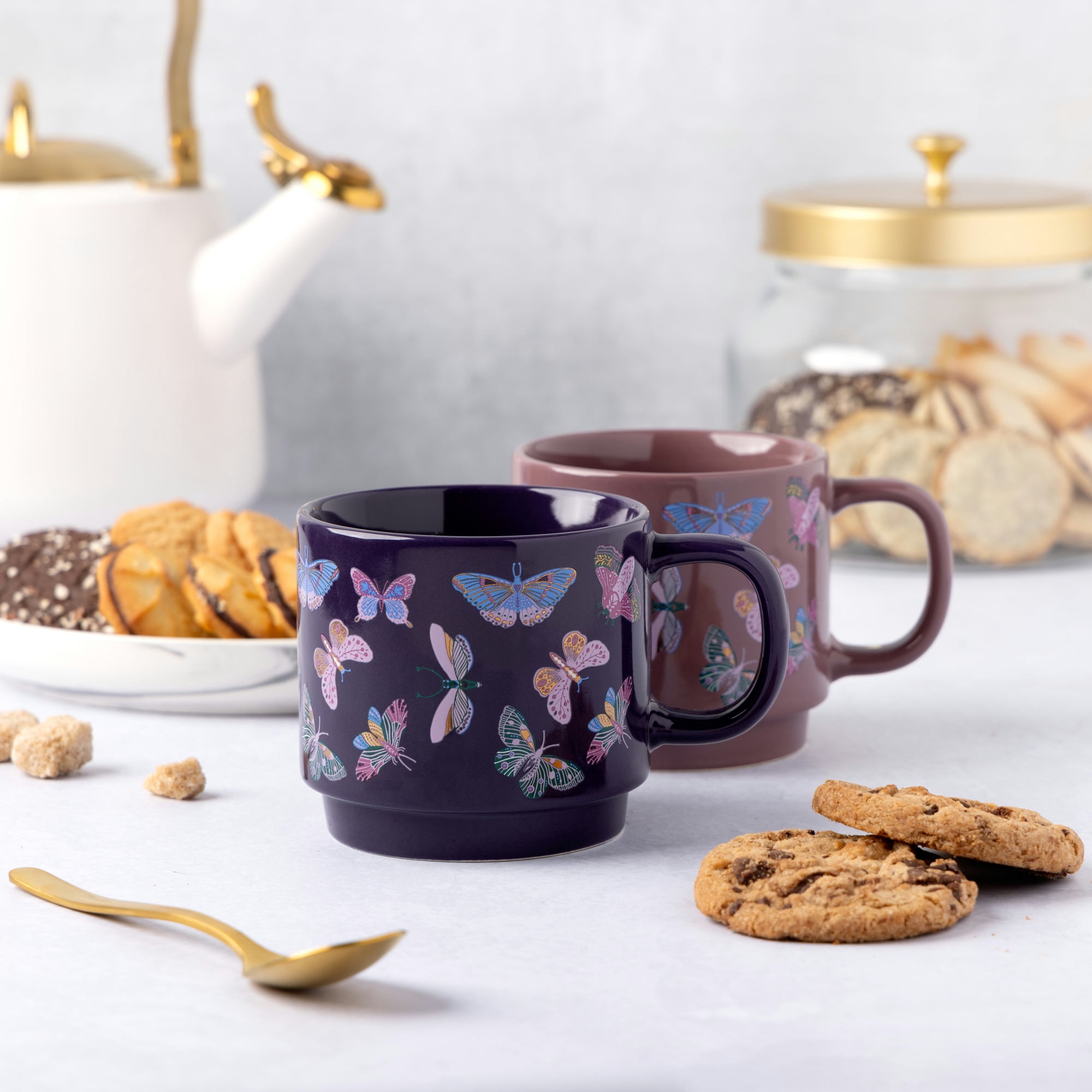 Thyme & Table 2 Pack Stacking Butterfly Purple Mugs 14.2 fl oz, Stoneware