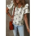 thumbnail image 6 of Women's Beige Bow Printed Ruffled Bubble Sleeve Tied Notched V Neck Blouse - Cute & Feminine - [ZhiHiMeRi] | (US 12-14)L, 6 of 12