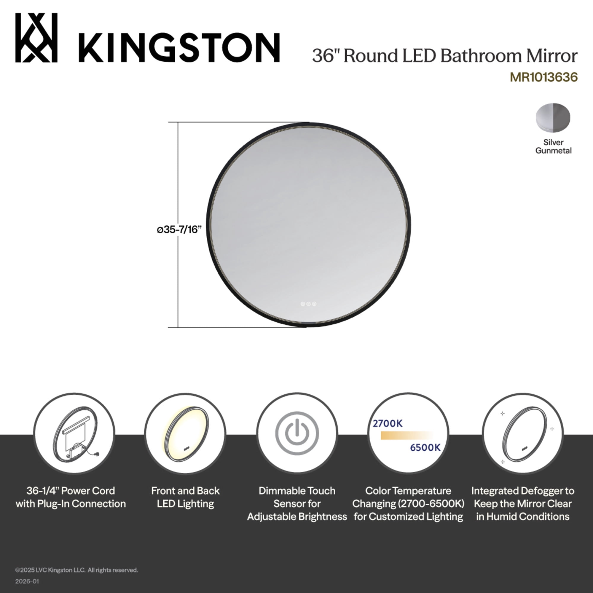 Kingston Brass MR1013636 Aurora 36-Inch Round LED Bathroom Mirror, Front and Back Light, Dimmable Touch Sensor Lighted Mirror in Silver/Gunmetal