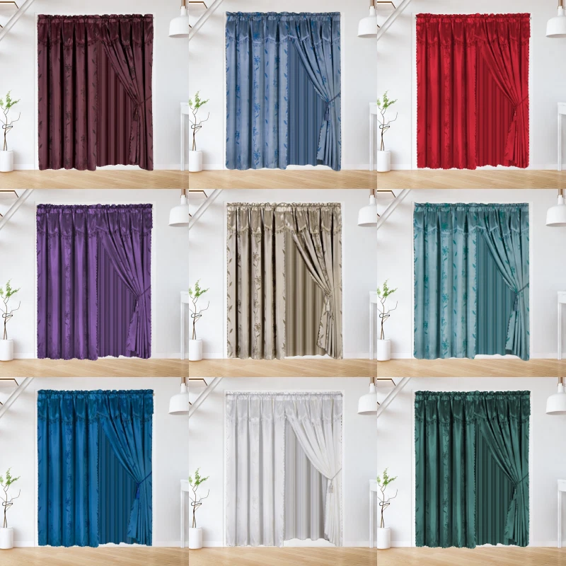 Gorgeous Home Linen 2pc Window Curtain Set 120" W X 84" L Attached Valance and Backing Sheer with 2 Tassels Rod Pocket Drape Leaf Printed Brown