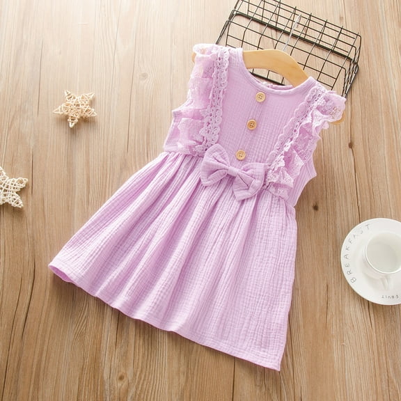 Leutsin Toddler Kids Baby Girls Lace Sleeveless Button Cute Bowknot Solid Princess Dress