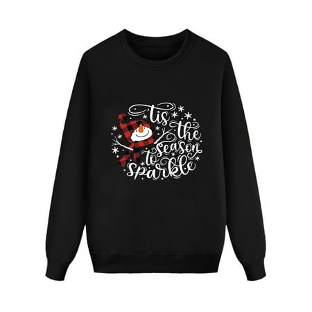 

shucnskos Womens Christmas Pajamas Family Matching Outfit Christmas Long Sleeve It s The Season To Print Hoodless Pullover Sweatshirt Blouse for Mom Black Women s Blended Hoodie