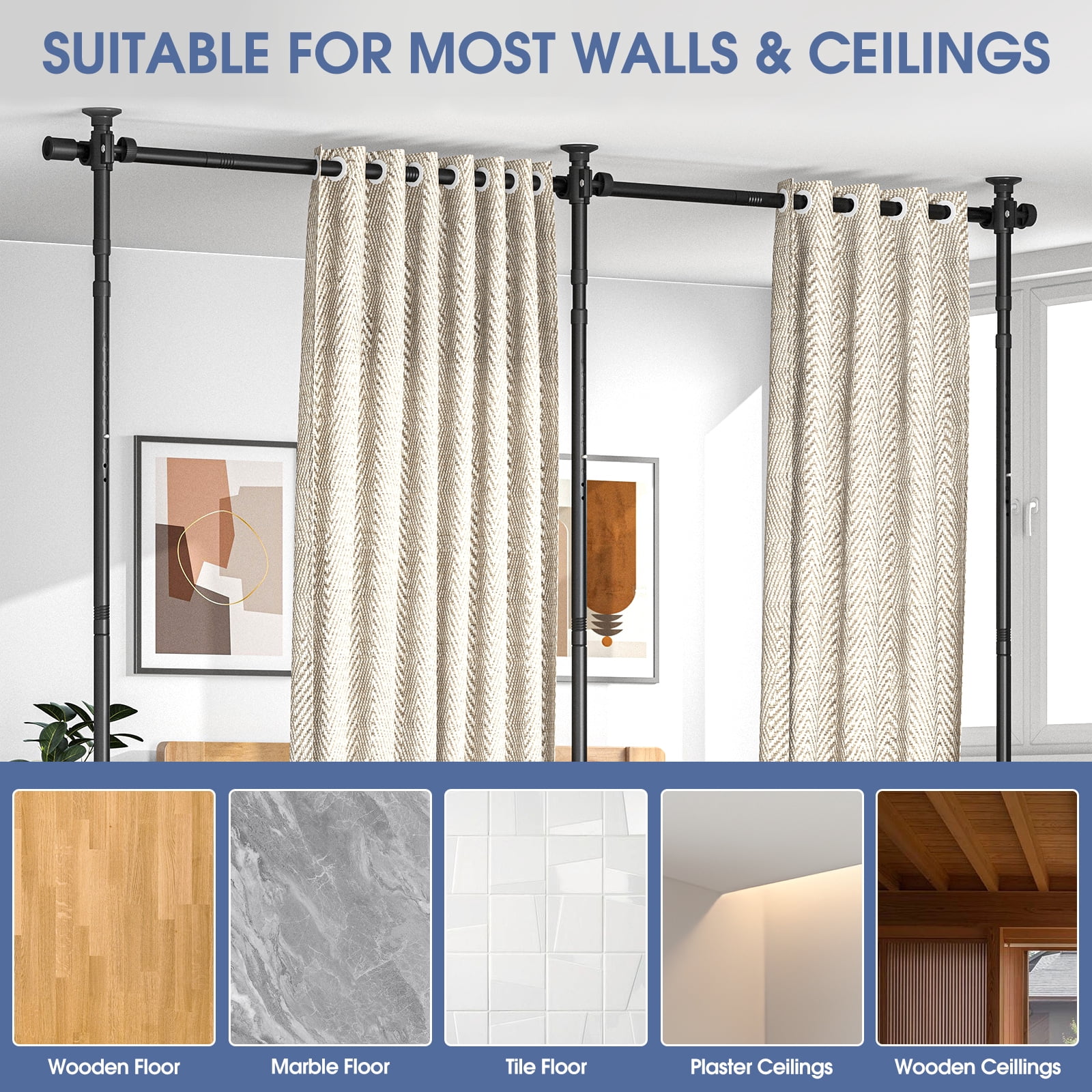 Room Dividers No Drilling Curtain Rod, 4-10ft(H) 29-146"(W) Adjustable Room Separator for Space Partition, Heavy Duty Floor to Ceiling Tension Rod, Black