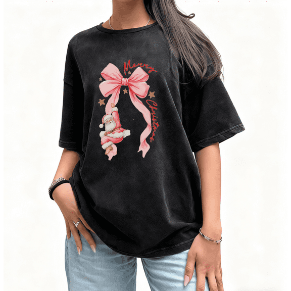 Women Washed Tee T-Shirt Top Merry Christmas Pink Bow Santa Print Short Sleeve Round Neck Black S-2XL Plus Size
