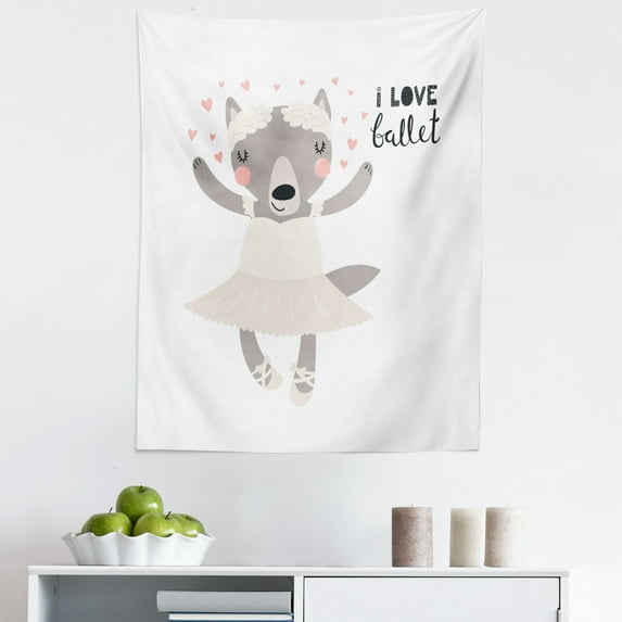 Cartoon Tapestry, Ballerina Wolf in Pointe Shoes Tutu I Love Ballet Cursive Wording, Fabric Wall Hanging Decor for Bedroom Living Room Dorm, 5 Sizes, Pale Taupe Eggshell, by Ambesonne