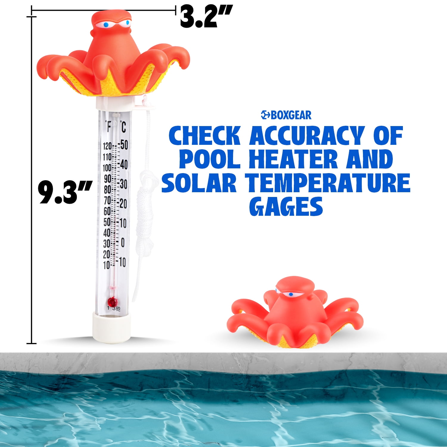 Boxgear Octopus Floating Pool Thermometer - Aquarium Thermometer Water Temperature from -10 to 50°C - Shatter Proof Floater with Tether Outdoor & Indoor Swimming Pools, Ponds