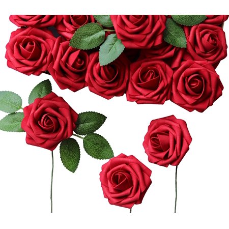 Fake Dark Red Roses CPDD Artificial Flowers Dark Red Roses 25pcs Realistic Fake Roses w ...