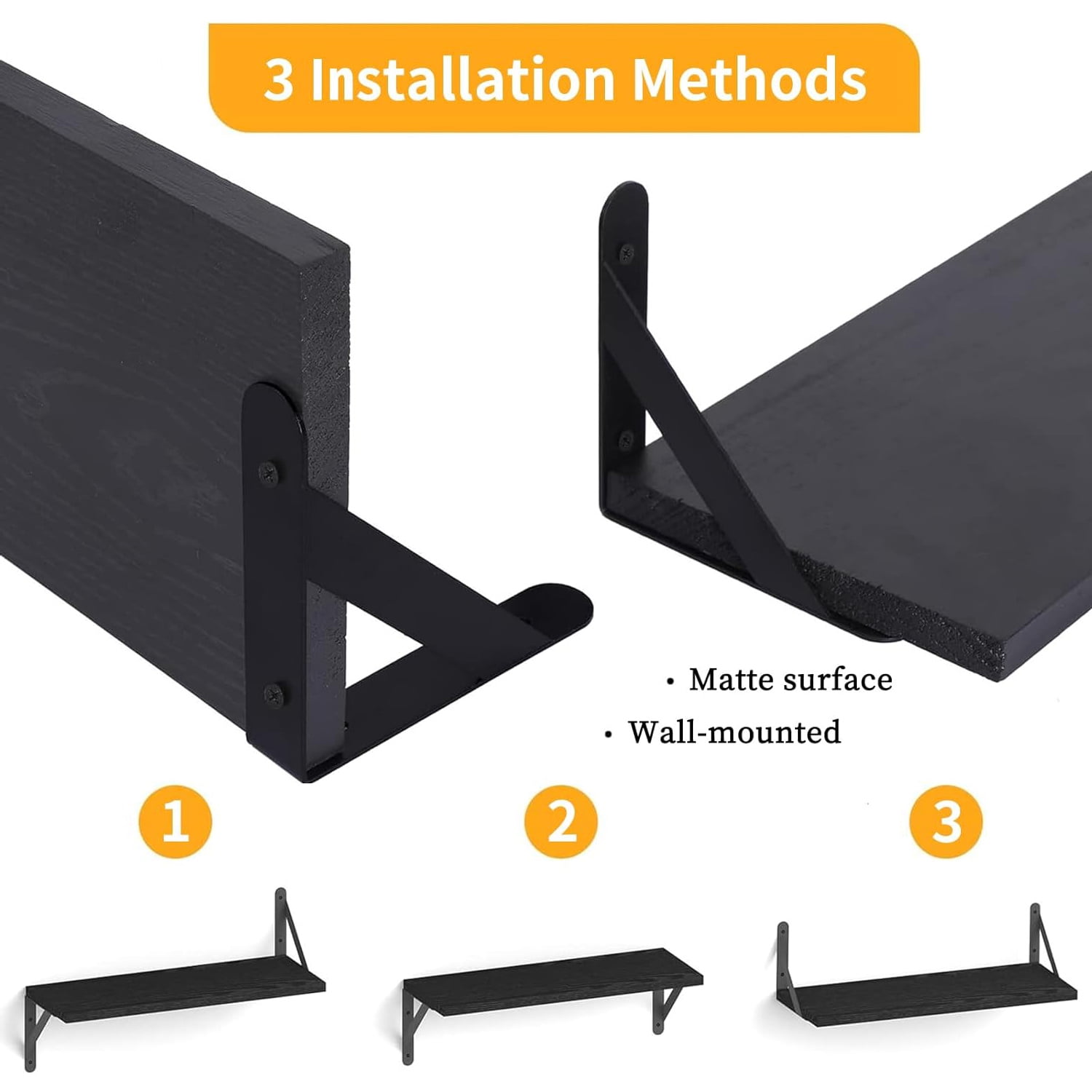 Set of 4 Wall-Mounted Floating Shelves W/Triangle Bracket, Multisize Black Rustic Wood Storage Shelf for Living Room Kitchen Bedroom Bathroom