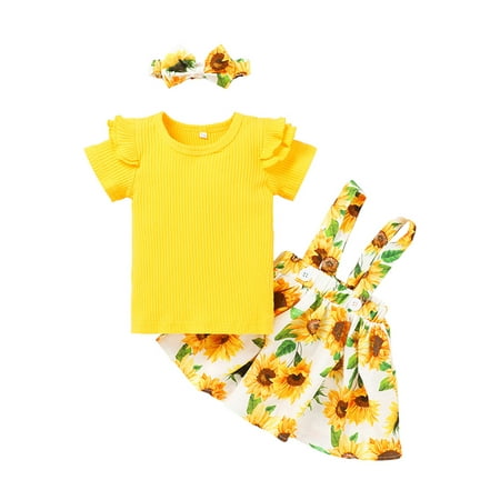 

Xiaoluokaixin Toddler Baby Girl Floral 3Pcs Set Solid Color Short Sleeve Tops+Sunflower Suspender Skirt+Headband cqH