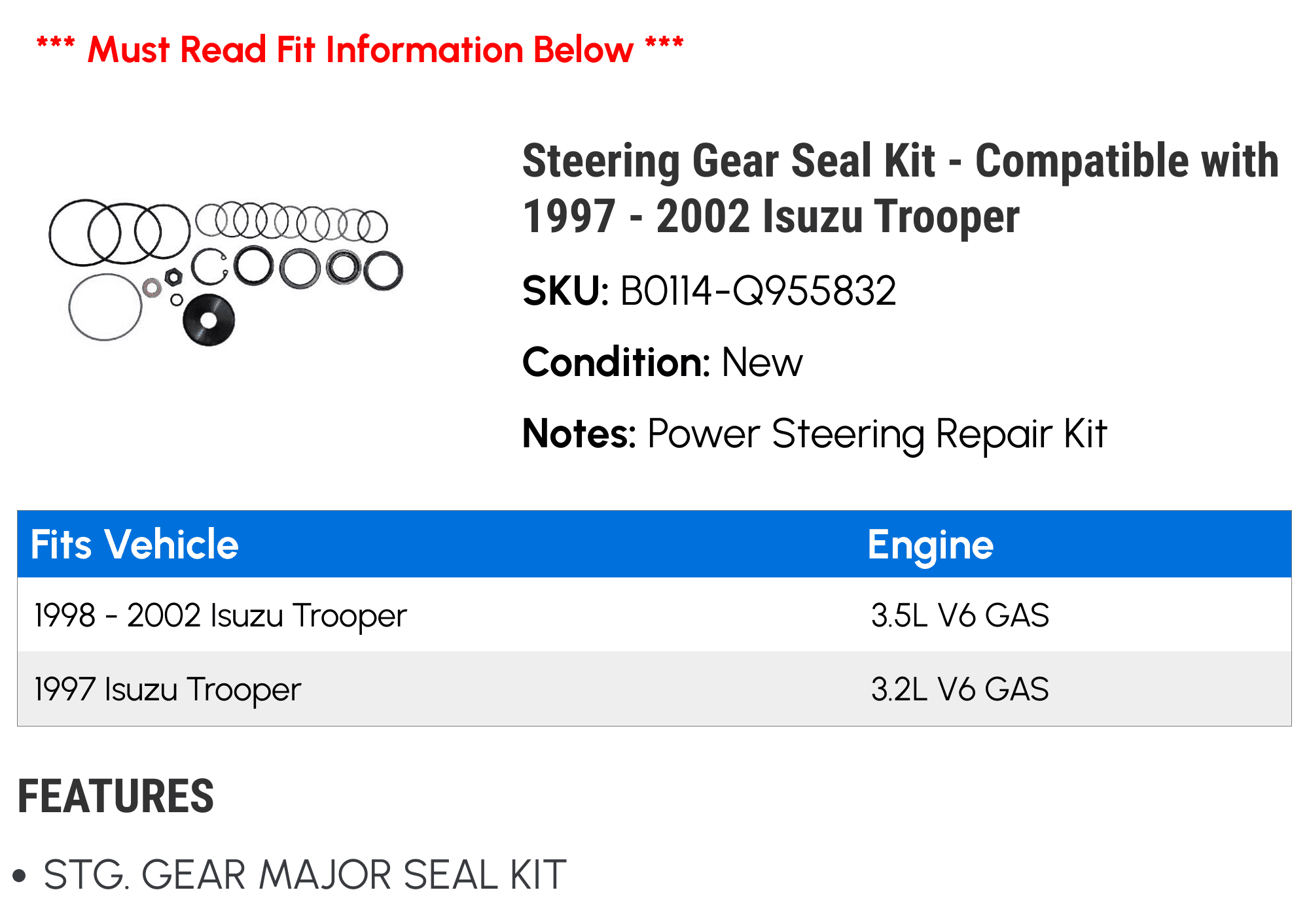 Steering Gear Seal Kit - Compatible with 1997 - 2002 Isuzu Trooper 1998 1999 2000 2001