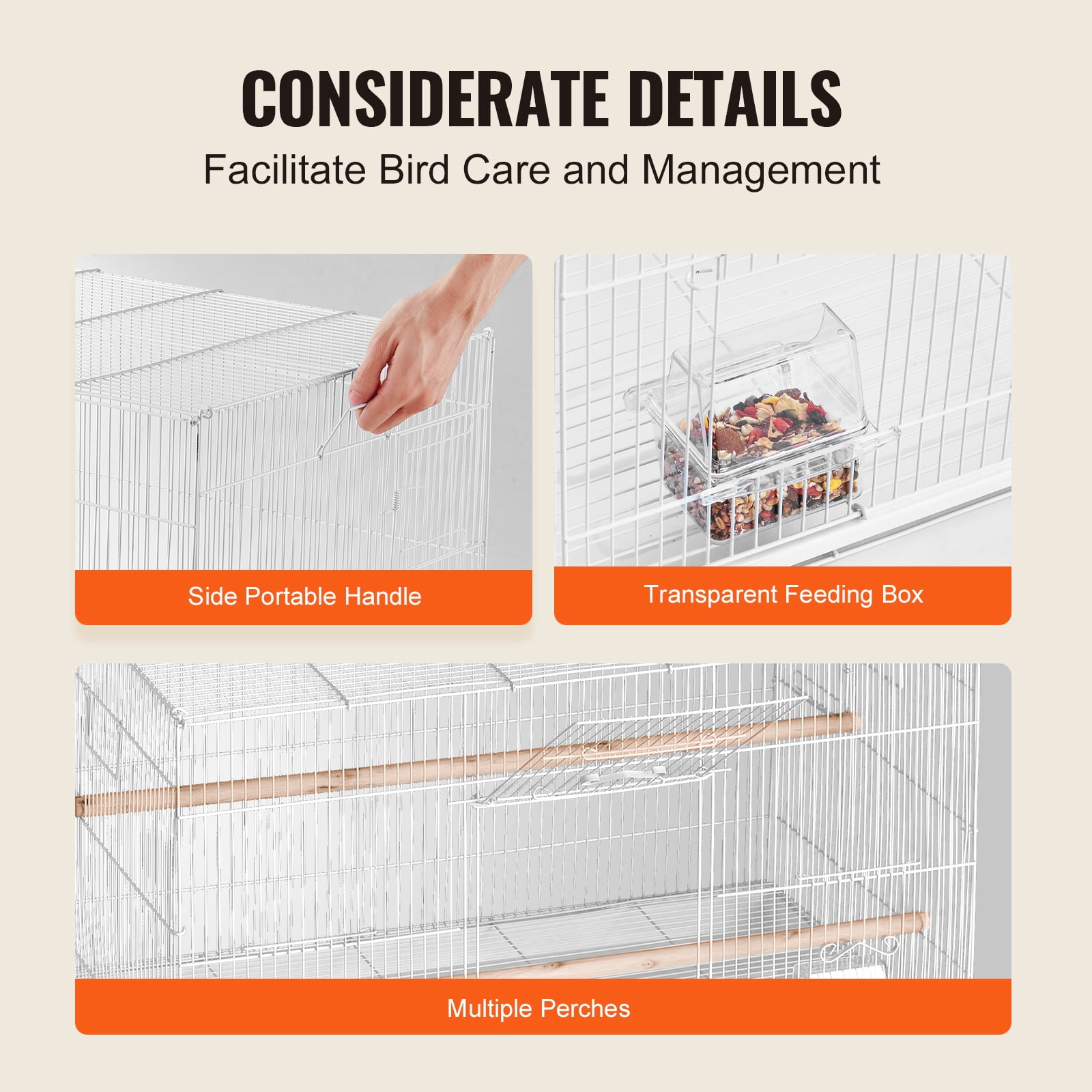 KFFKFF 30"x18" White Bird Cage, Compact Metal Parakeet Enclosure with Perches & Food Containers for Small Birds