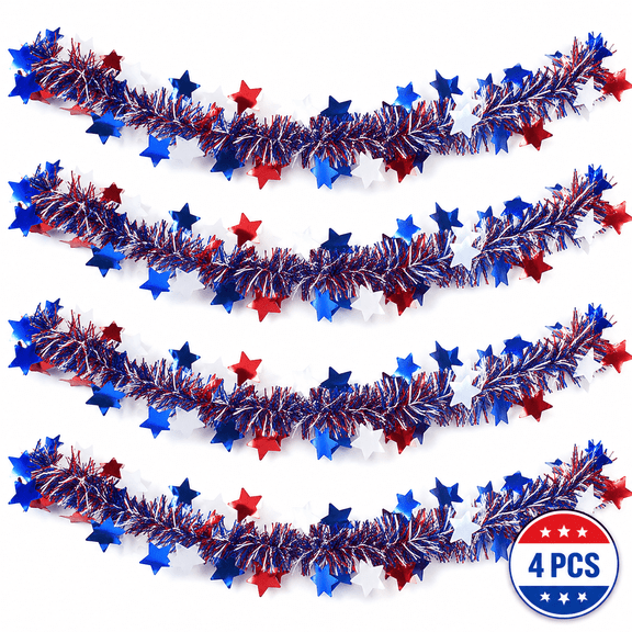 Kabuer 4th of July Patriotic Hanging Tinsel Garland Red White Blue Hanging Decoration for Independence Day Patriotic Party Total  26.2.4ft