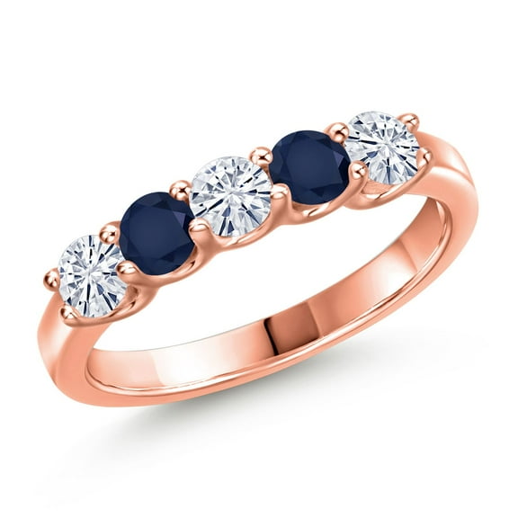 Gem Stone King 18K Rose Gold Plated Silver White Moissanite and Blue Sapphire Wedding-Bands Ring for Women | 0.92 Cttw | Round 3.5MM | Gemstone Birthstone | Size 8