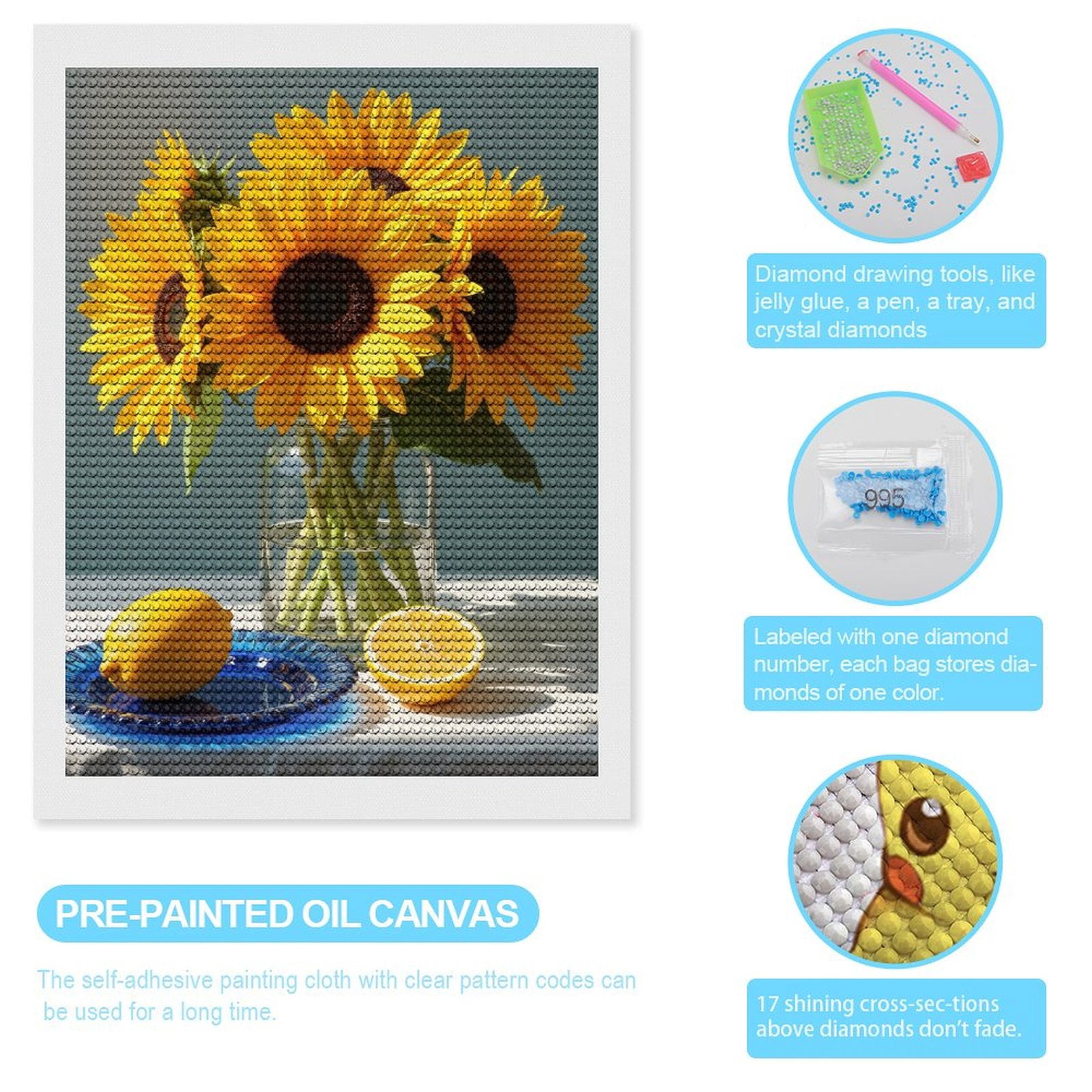 Diamond Art Kits for Adults, Sunflowers Glass Jar Lemon Plate 5D Diamond Painting Kits for Adults Beginners, DIY Full Drill Diamond Painting, Gem Art and Crafts 12x16
