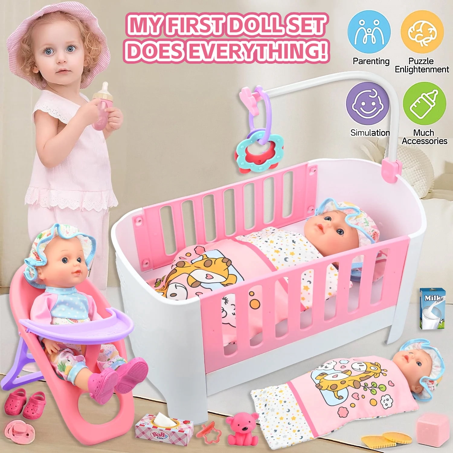 LINXUXIE Baby Doll Crib and High Chair Set, Kids Interactive Pretend Play Toys, Birthday Gifts for 1-3 3-5 5-8 Year Old