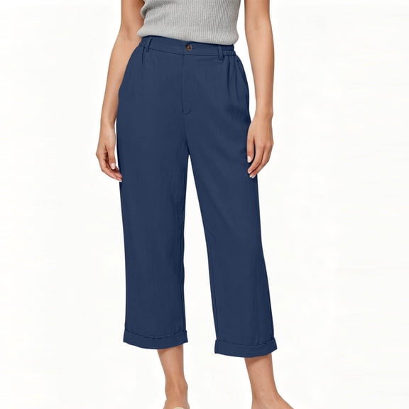 HongQid Linen Blend Cropped Pants Ladies High Waist Button Closure Casual Wide Leg Culottes With Cuffed Hem For Women,2XL