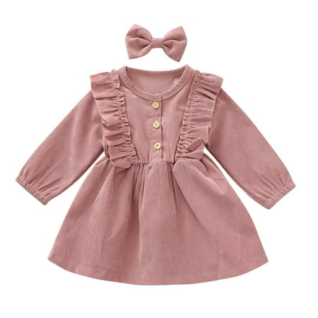 

Toddler Baby Kids Girls Solid Ruffle Botton Dress Princess Dress +Hairband Sets