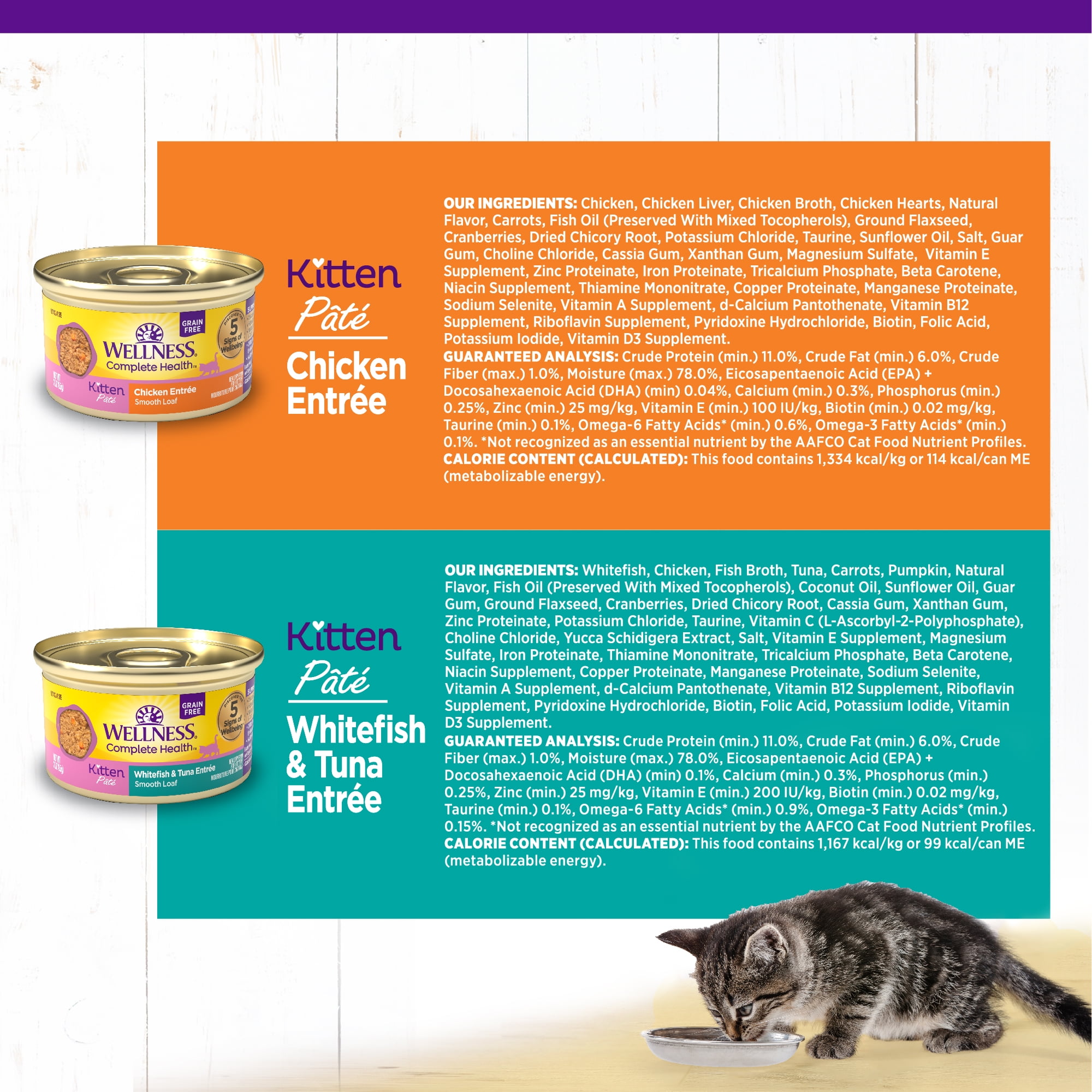 Wellness Complete Health Pate Variety Pack Kitten Canned Wet Cat Food, Natural, Protein Rich, Grain Free, Whitefish and Chicken Recipes, 3 oz, Pack of 12 Cans