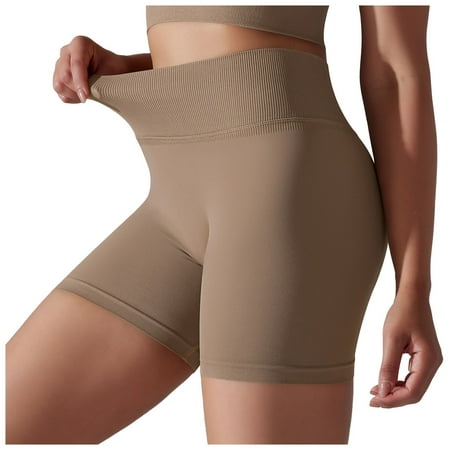ZHAGHMIN Shorts for Women Plus Size Women S Solid Color Seamless High Waist Tights Yoga Shorts Tummy Control Running Fitness Gym Shorts Pants Brown SizeM