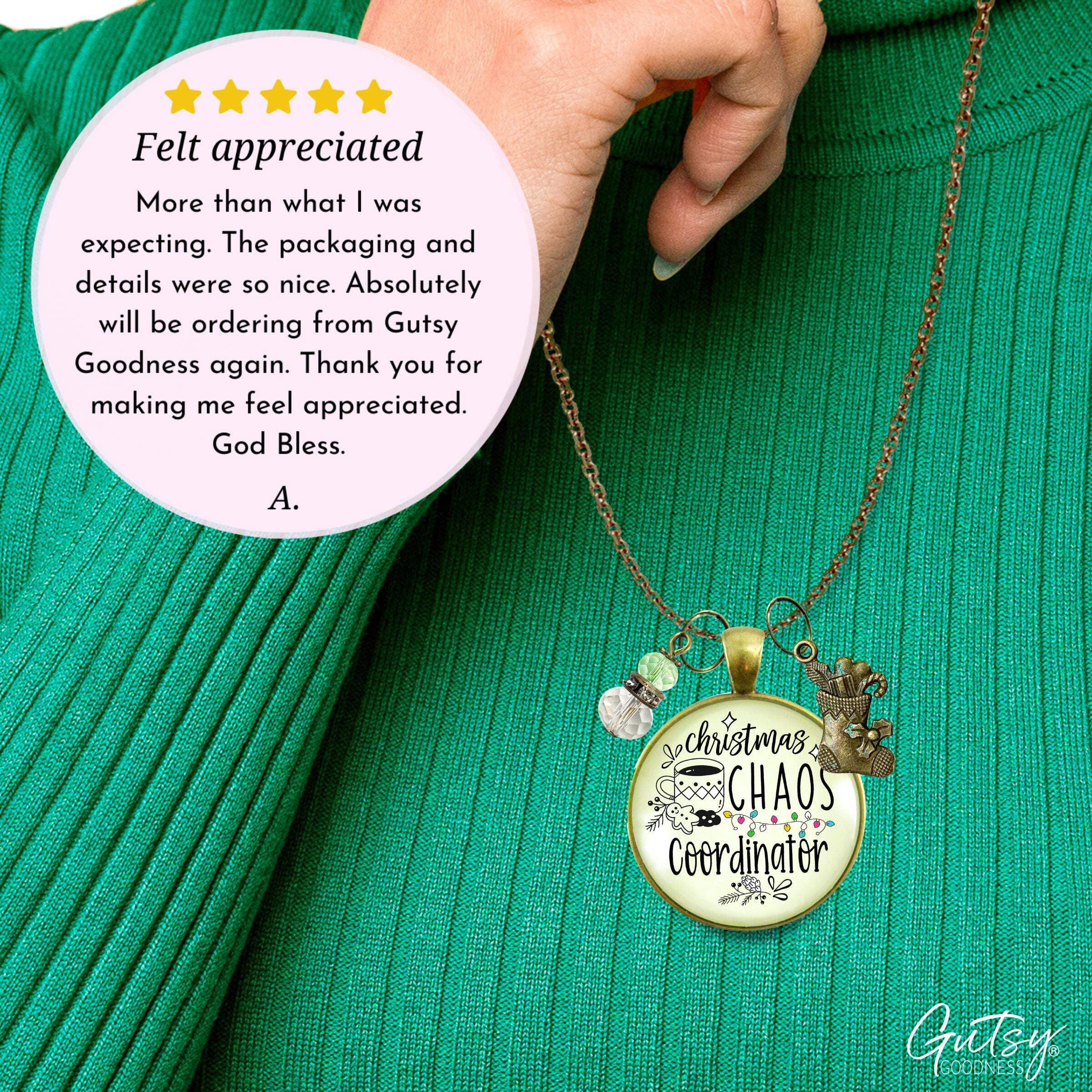 Christmas Chaos Coordinator Fun Holiday Necklace Gutsy Goodness Female Adult Bronze Metal Jewelry