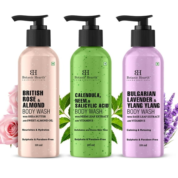 Botanic Hearth Relax and Renew shower set - Pack of 3 of Body Wash (British Rose,Lavender, Calendula Neem) 2 fl oz each