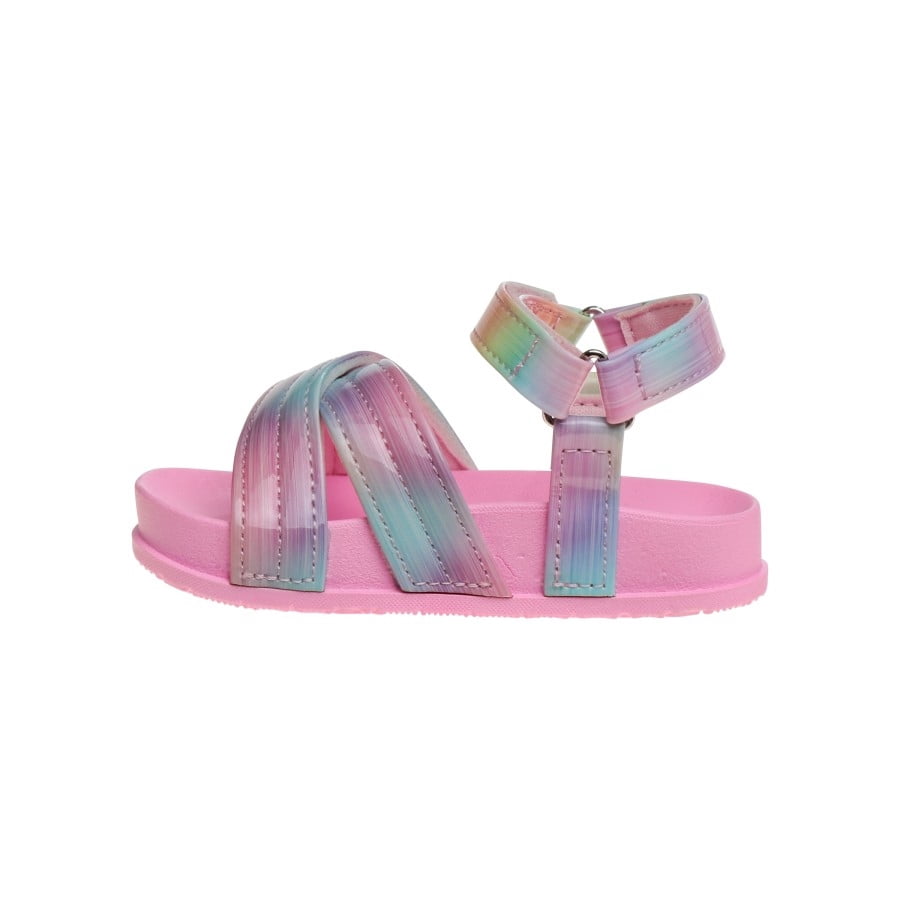Laura Ashley Girls Hook & Loop Flat Heel Footbed Sandals (Toddler Sizes) - Pastel/Multi, 9