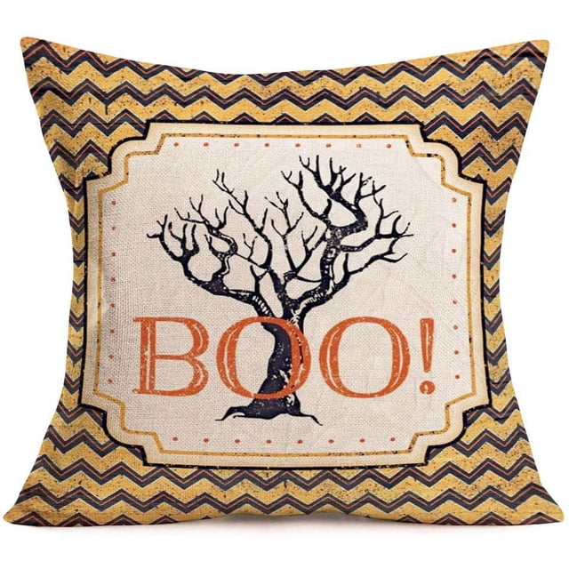 Halloween Pillow Covers Cotton Linen Wavy Lines Background with Halloween Boo Tree Decorative Throw Pillow Covers Cushion Case for Sofa Couch Decorative Pillowcase 18" x 18" (Boo-Wave)